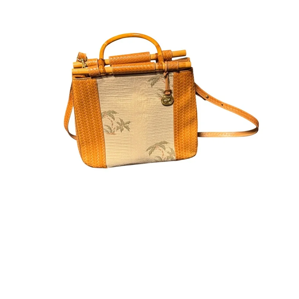 Brahmin Vintage Palm Tree Bamboo Handle Woven Leather Satchel Shoulder Bag Brown